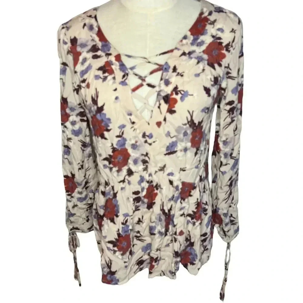 American Eagle Women's Floral V-Neck Knot Split Sleeve Oversized Blouse Top XS